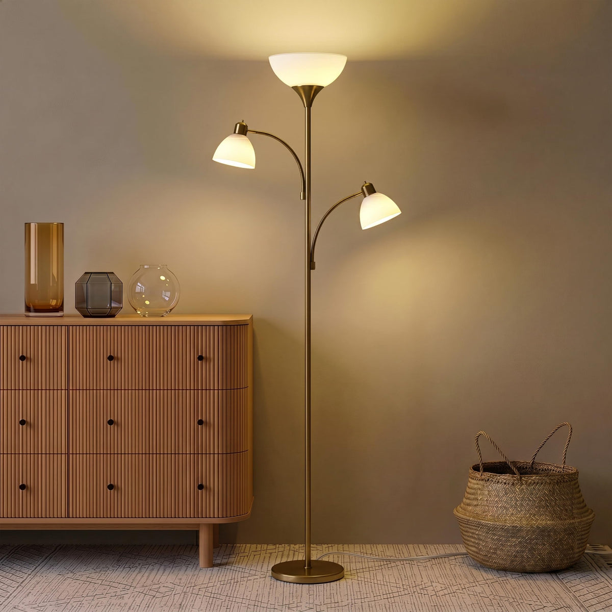 Sky Dome Double LED Floor lamp, Torchiere Super Bright Floor Lamp with 2 Reading Lamps for Living Rooms & Offices - Dimmable Tall Standing Lamp for Bedroom Reading - Tall Brass Pole