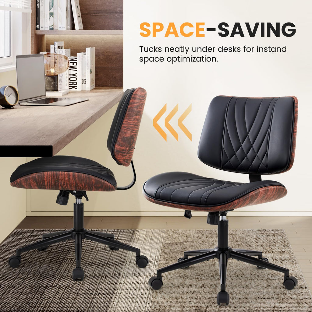 Office Chair Swivel Desk Chair with Wheel Small Computer Chair Armless Task Chair Modern Walnut PU Leather Backrest Rocking Function Adjustable Height, Study Reading Meeting Room (Black)