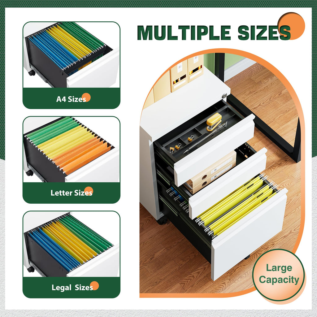 3 Drawer Mobile File Cabinet with Lock, Under Desk Metal Filing Cabinets for Home Office Organizer Letters/Legal/A4(Fully Assembled-White)
