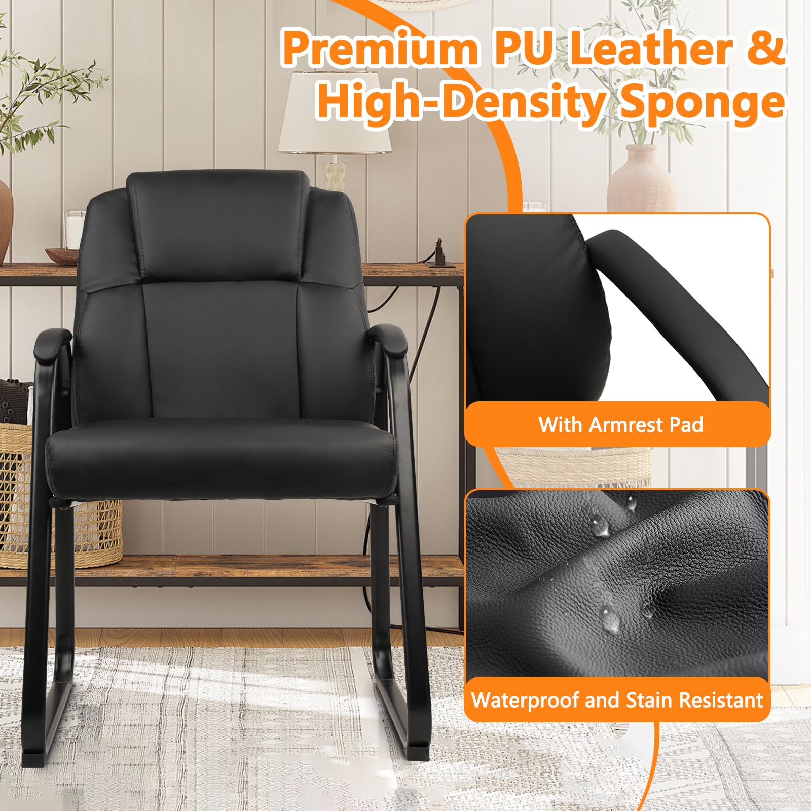 6 Pack, Leather Guest Chair with Padded Arm Rest for Reception Meeting Conference and Waiting Room Side Office Home Black with Sled Base