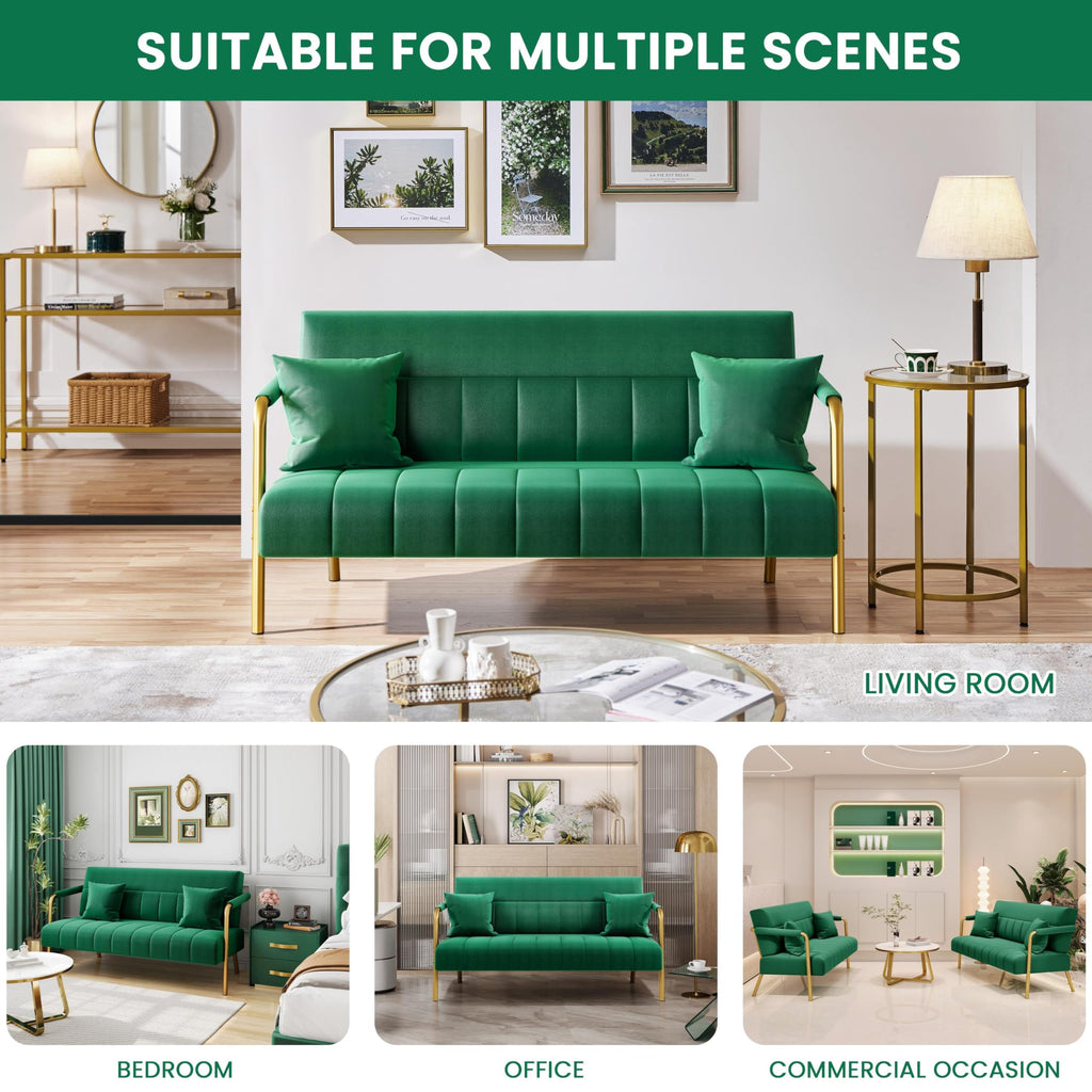 56.5" W Modern Sofa Small Sofa Luxurious Velvet Fabric Couch with Gold-Tone Metal Arms and Legs for Living Room, Office, Studio Green