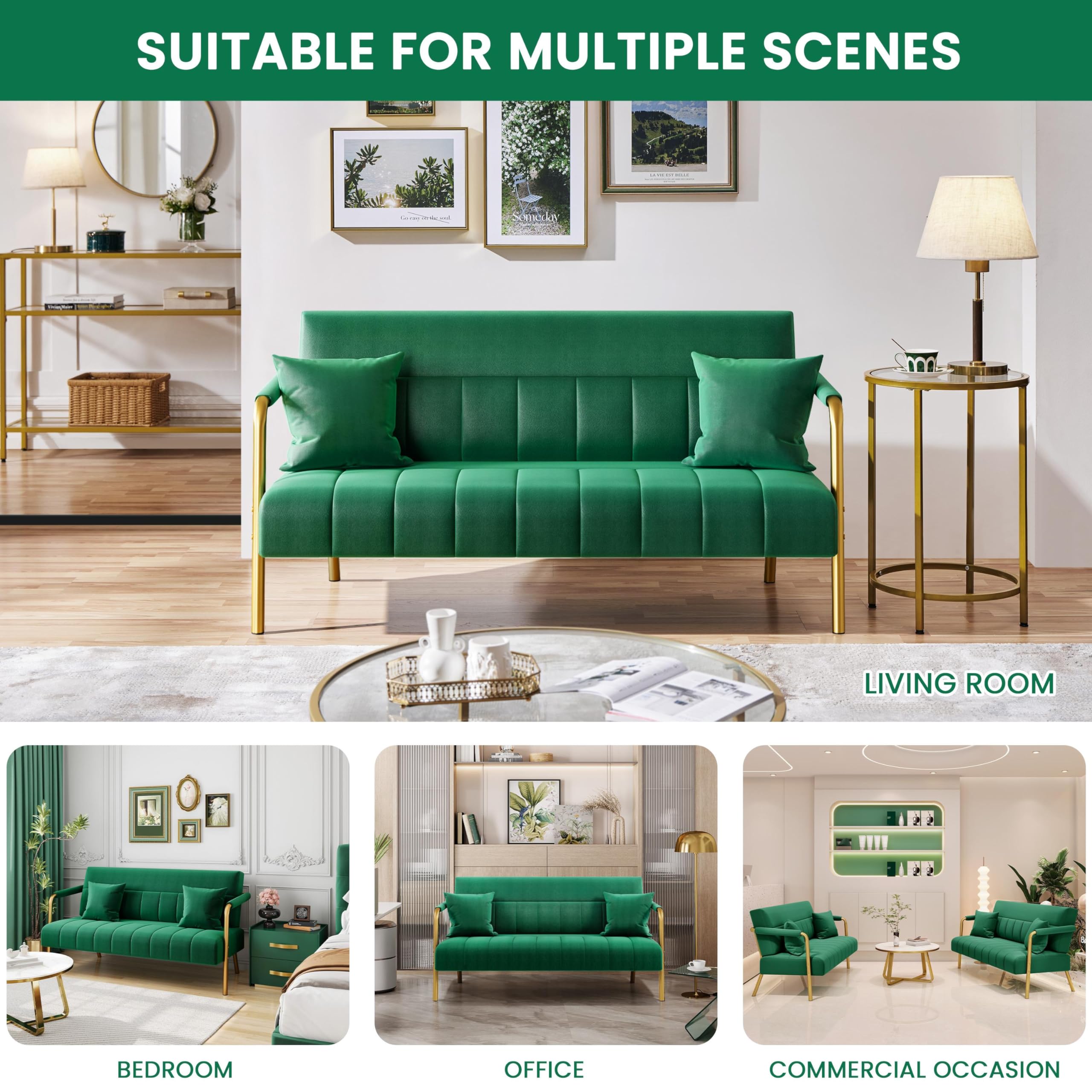 56.5" W Modern Sofa Small Sofa Luxurious Velvet Fabric Couch with Gold-Tone Metal Arms and Legs for Living Room, Office, Studio Green