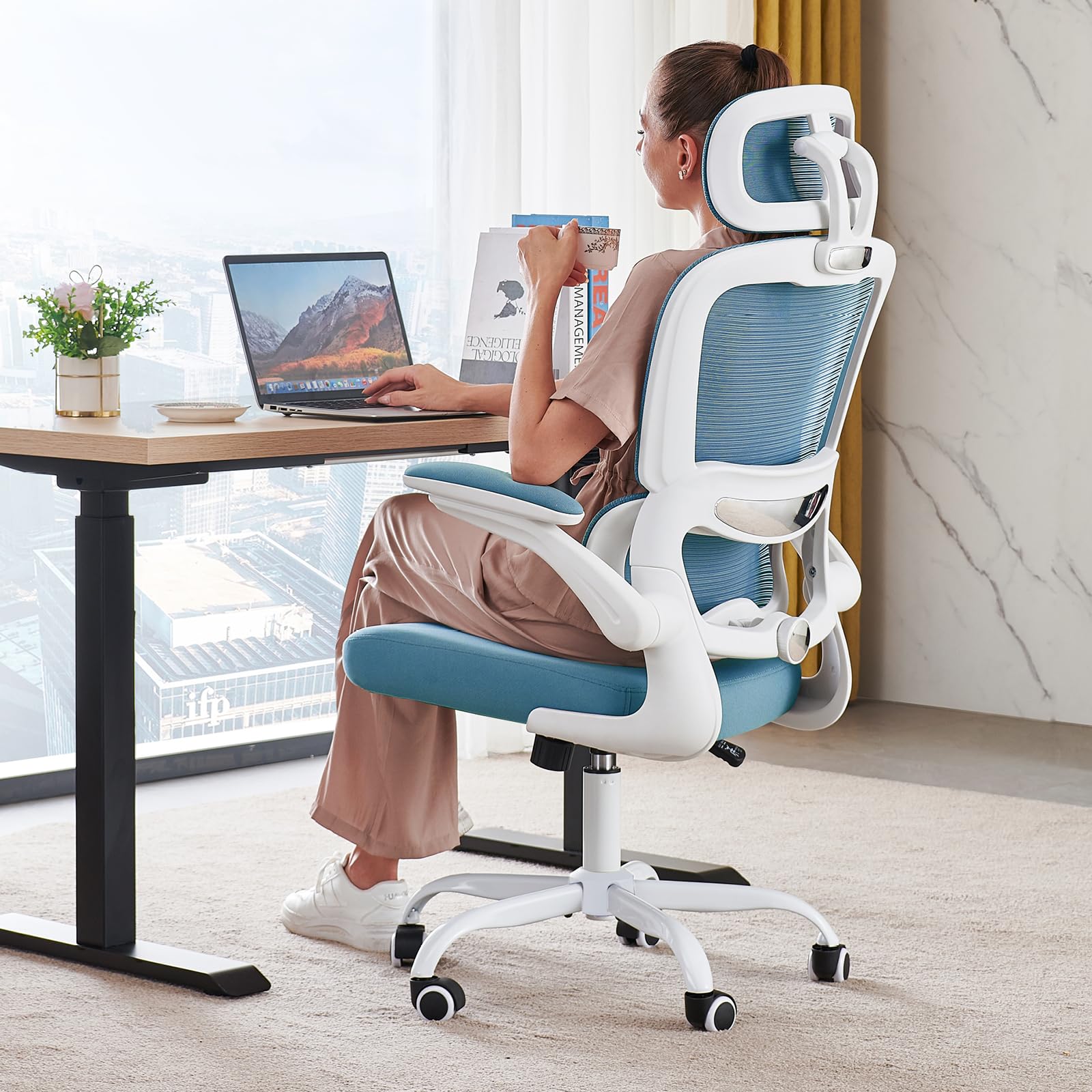 Office Chair Ergonomic Desk Chair, 330 LBS Home Mesh Office Desk Chairs with Wheels, Comfortable Gaming Chairs (Sky Blue)