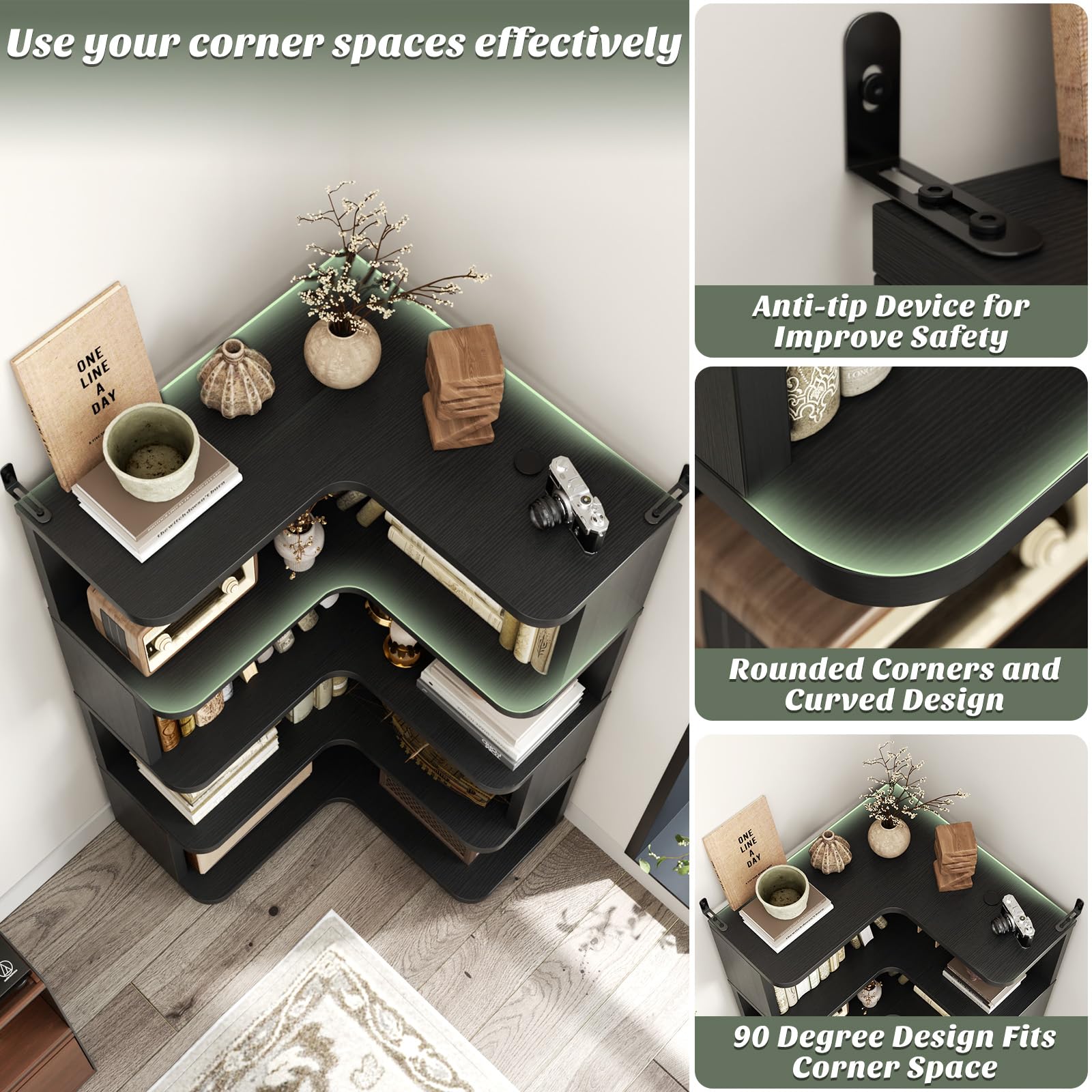 Corner Book Shelf - 5-Shelf L Shaped Corner Bookshelf with Baffle