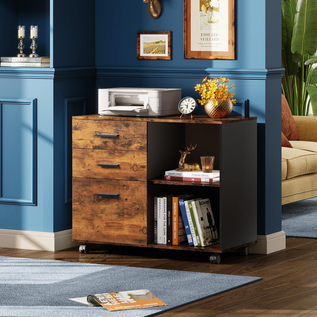 3-Drawer Mobile File Cabinet, Lateral Filing Cabinet, Rustic Brown
