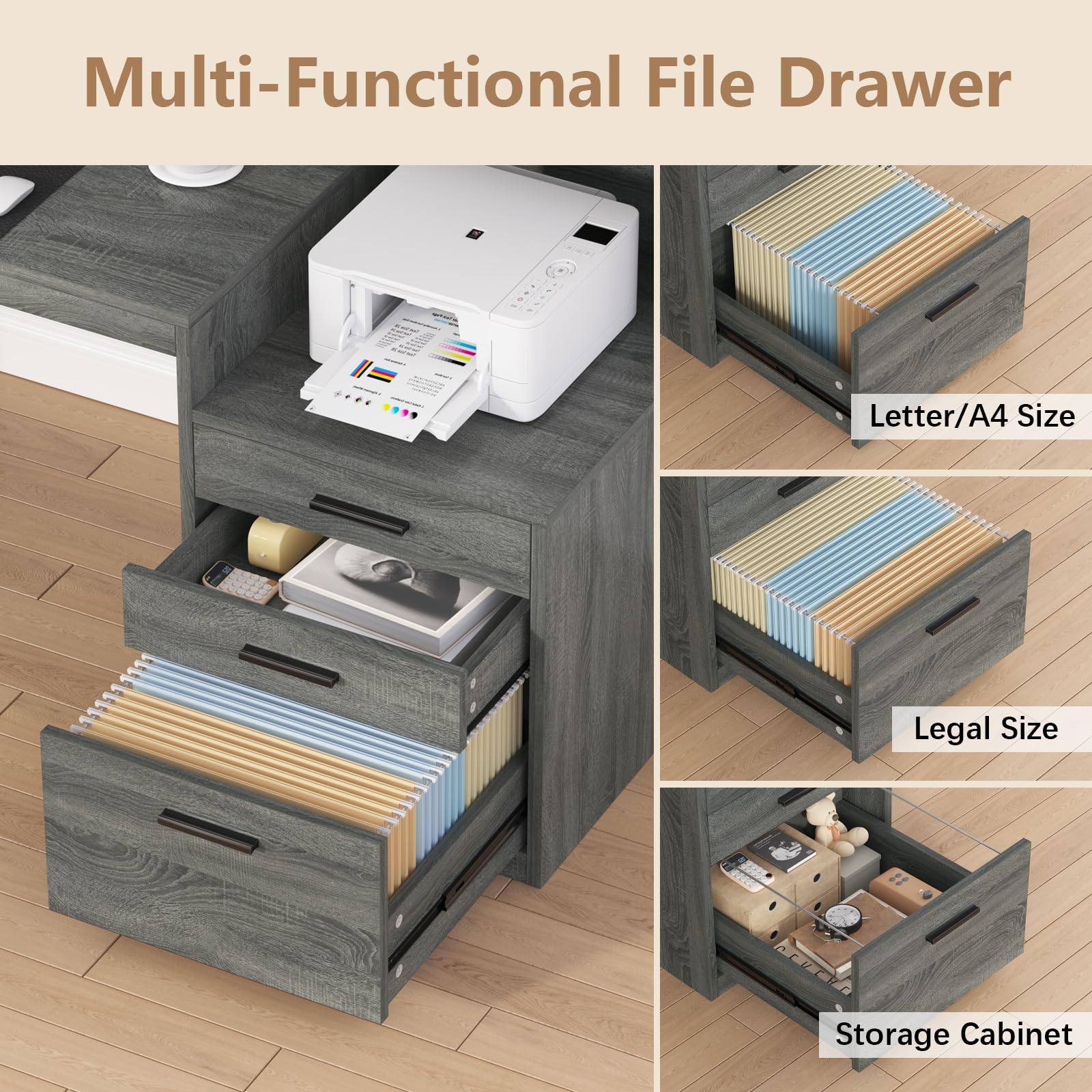 Computer Desk with 3 Drawers & Storage Shelves, 65 Inch Home Office Desk with File Drawer & Cabinet, Writing Study Desks with Monitor Stand & Printer Shelf, Dark Grey