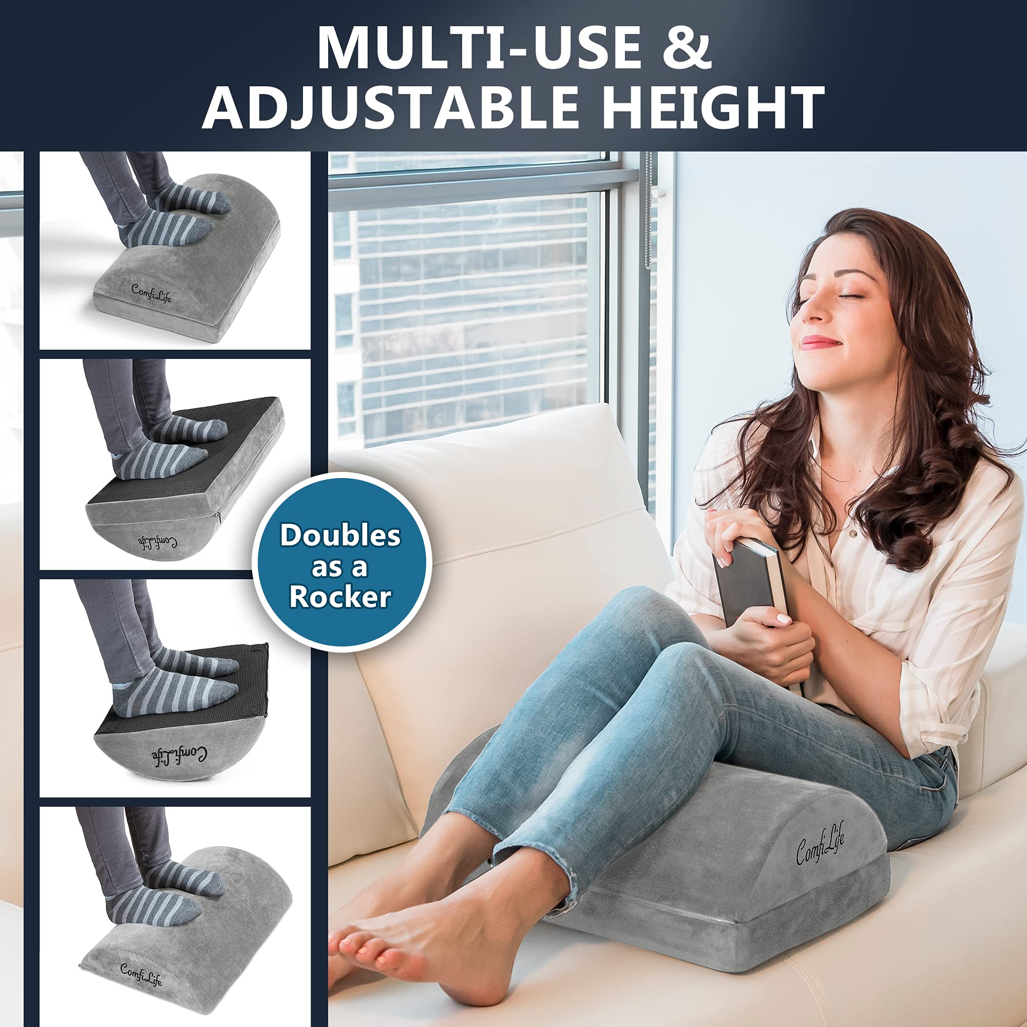 Foot Rest for Under Desk at Work – Adjustable Height Memory Foam Foot Stool for Under Desk, Office Chair & Gaming Chair – Ergonomic Footrest for Back & Hip Pain Relief (Gray)