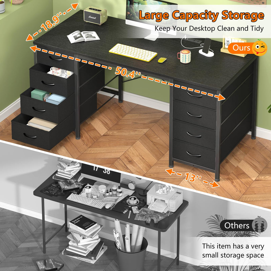 50 Inch Computer Desk with 8 Drawers, Home Office Desk with Power Outlets, Work Study Gaming Desk with 8 Fabric Drawers, Black