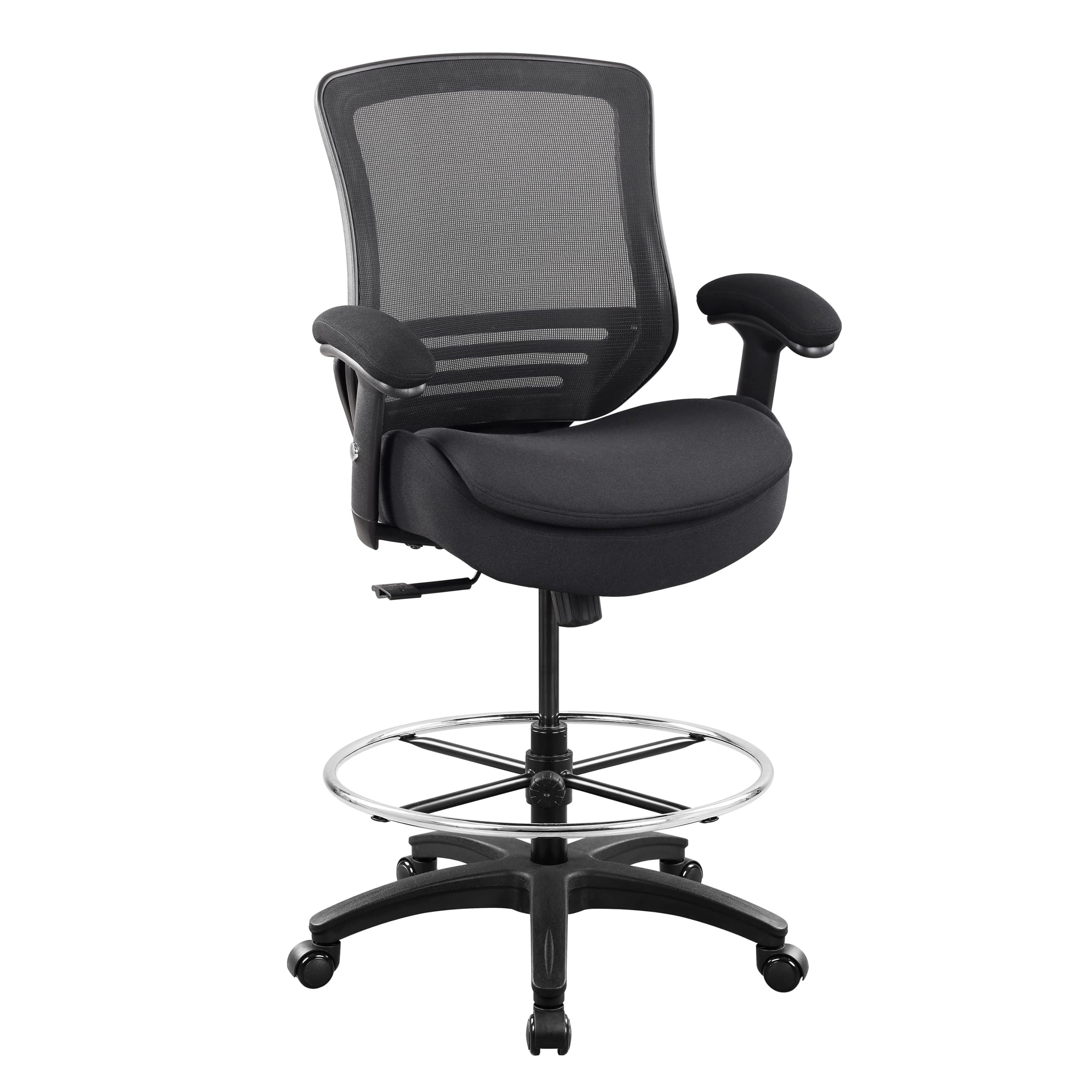 400lbs Ergonomic Office Drafting Chair Mid Mesh Back for Height Adjustable Desk 21inch Foot Ring Height Adjustable Armrest (Black) ﻿