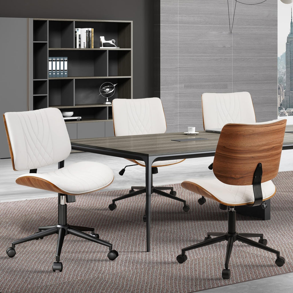 Armless Home Office Chair, Desk Chair with Wheels, Adjustable Height Reading Chair, Leather Mid Back & Swivel Computer Chair, Modern Walnut Chairs with Back for Studio Meeting Room(White)