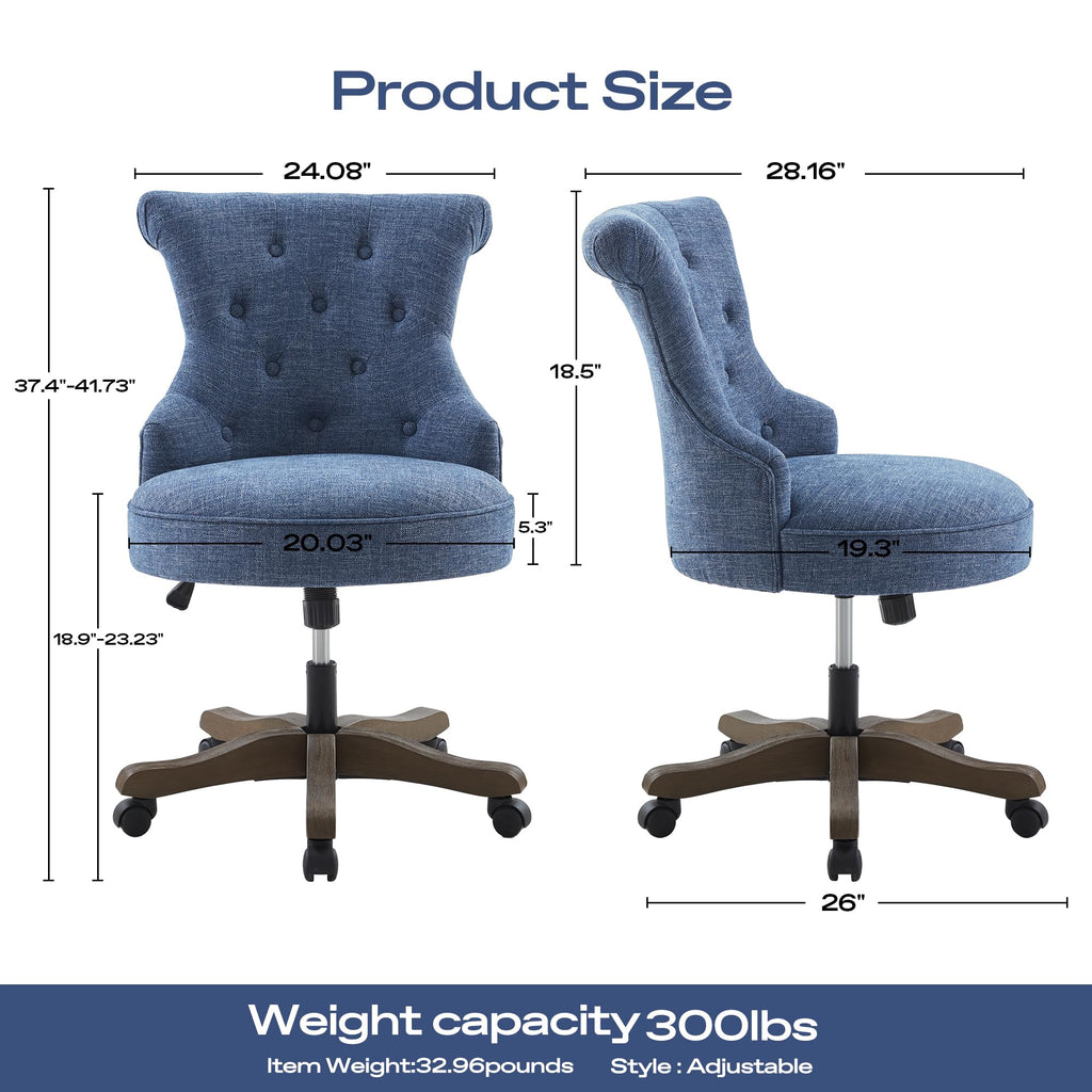 Home Office Chair Upholstered Armless Desk Chair with Wheels Adjustable Height Computer Desk Chair with Wooden Legs Linen Comfortable Swivel for Farmhouse Study Studio (Blue)