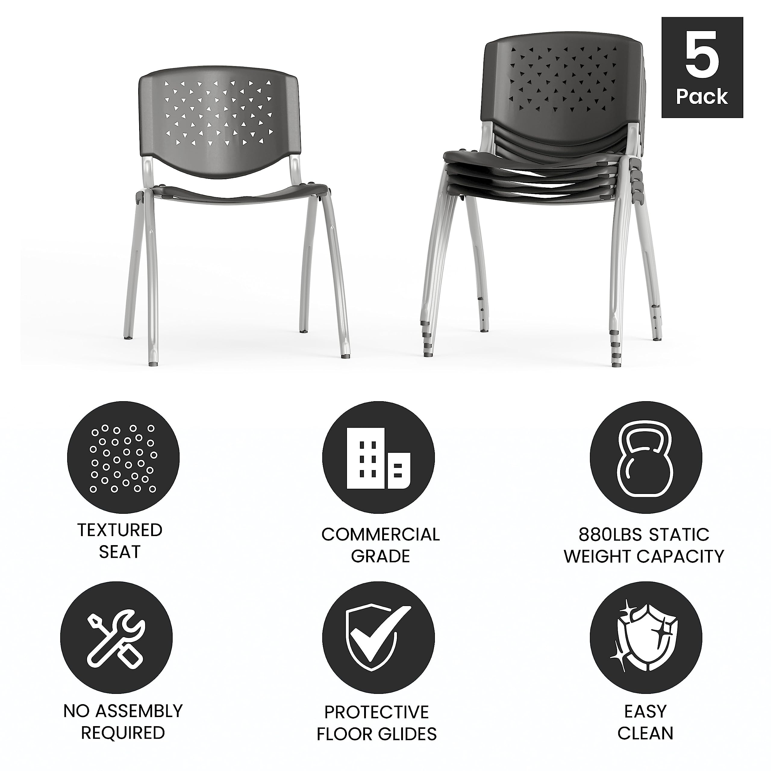 HERCULES -5 Pack 880 lb. Capacity Gray Plastic Stack Chair | Comfortable Seating with Durable Design