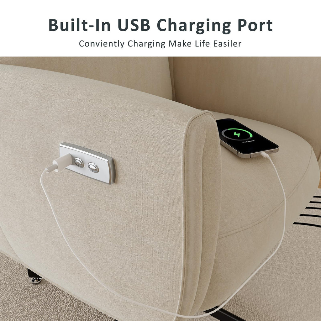Power Swivel Recliner Chair, Modern Electric with USB & Type-C Ports, Upholstered Velvet Swivel Recliner Chair, 360° Swivel for Office & Living Room, Easy Assembly (Beige)