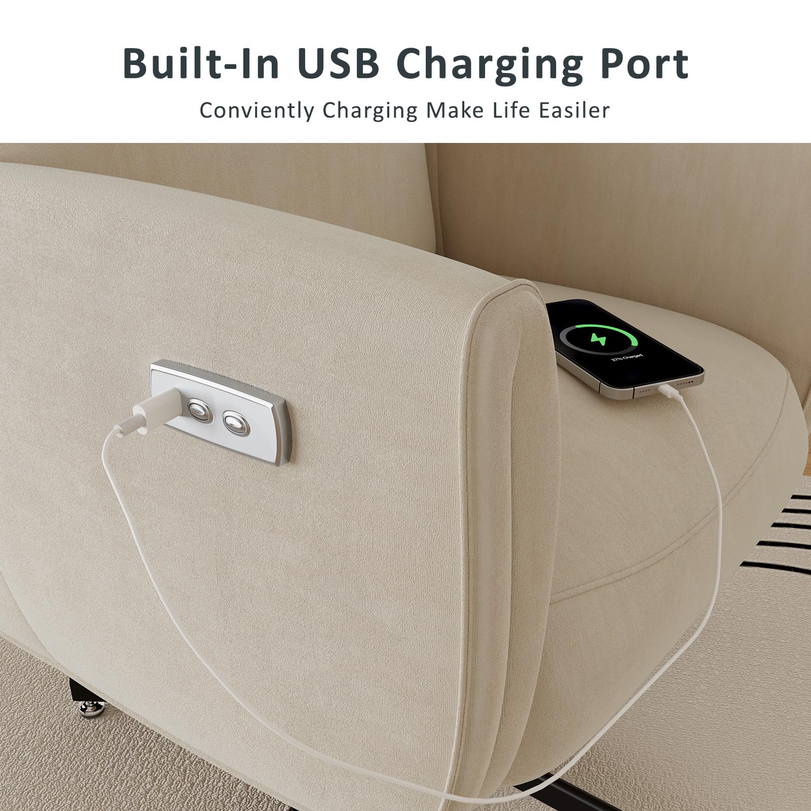 Power Swivel Recliner Chair, Modern Electric with USB & Type-C Ports, Upholstered Velvet Swivel Recliner Chair, 360° Swivel for Office & Living Room, Easy Assembly (Beige)