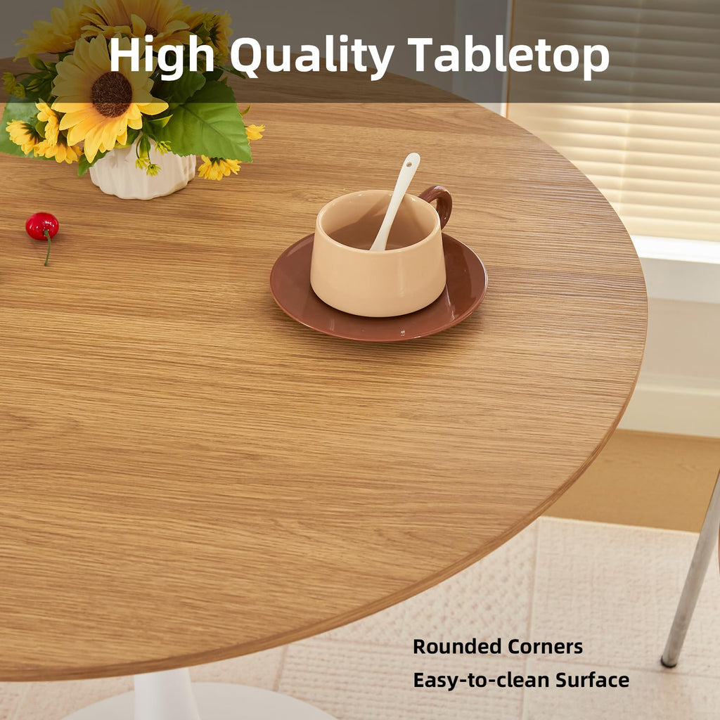 Hansweld Round Dining Table, 31.5" Circle Tulip Table with Thickened Tabletop & Metal Pedestal, Mid Century Modern Bistro Table for Kitchen, Small Places, Living Room, Cafe (Faux Oak)