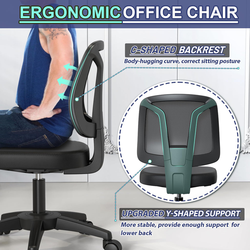 Armless Office Desk Chair No Arms with Back Support Rolling Wheels for Home Study office Work
