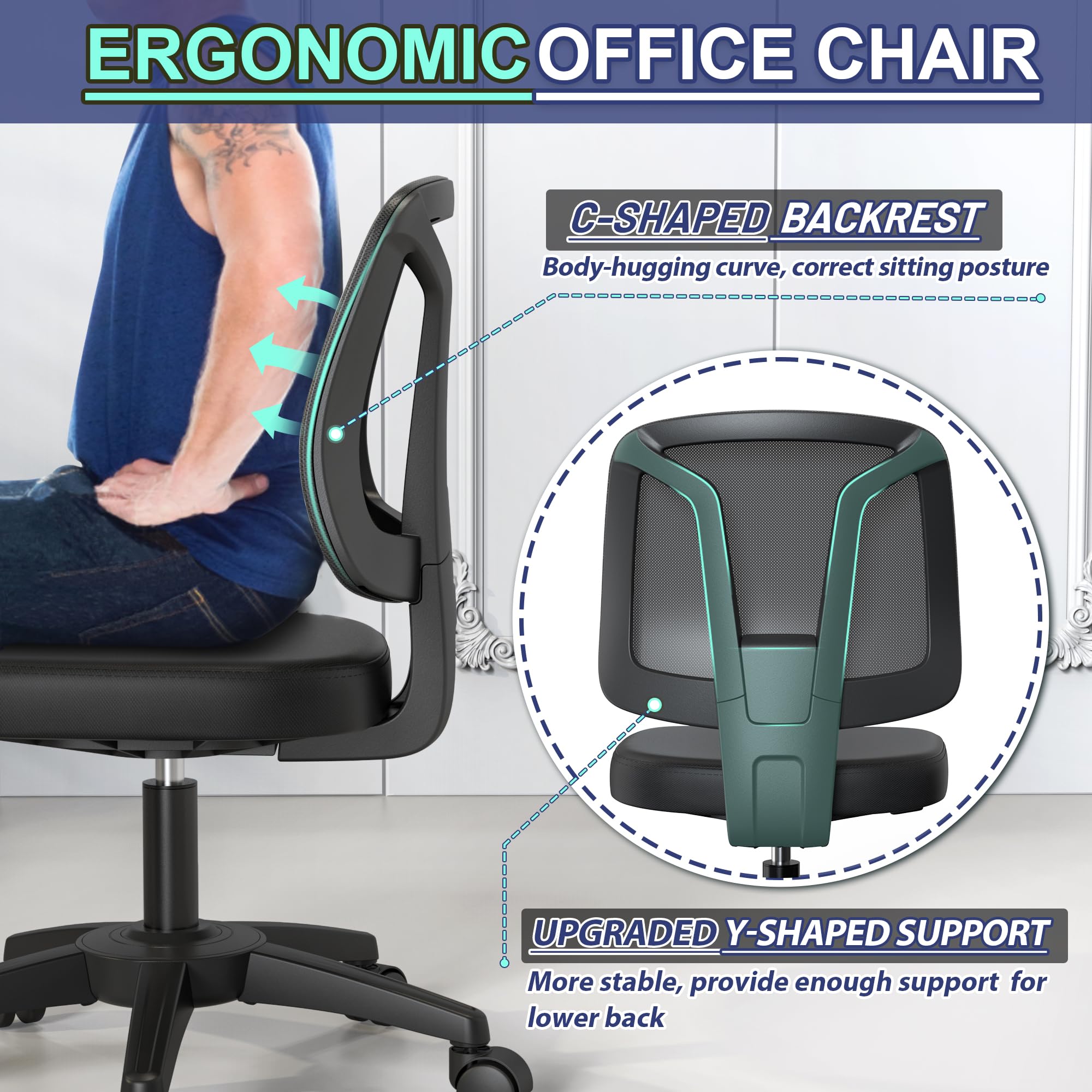 Armless Office Desk Chair No Arms with Back Support Rolling Wheels for Home Study office Work