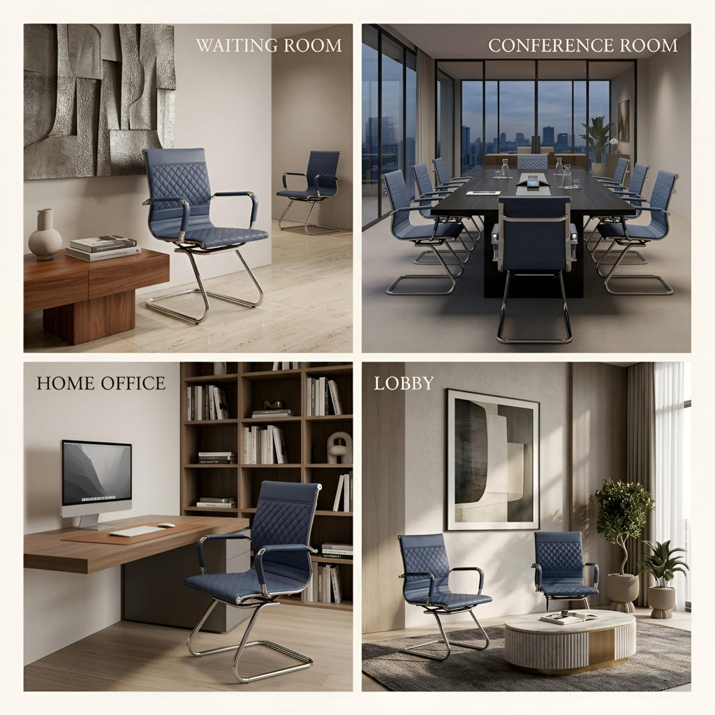 Office Desk Chair No Wheels Set of 8 - PU Leather Chairs with Arms - Conference Room Chairs 400LB Capacity Sled Base, Reception Chair for Home Office, Lobby, School Navy Blue