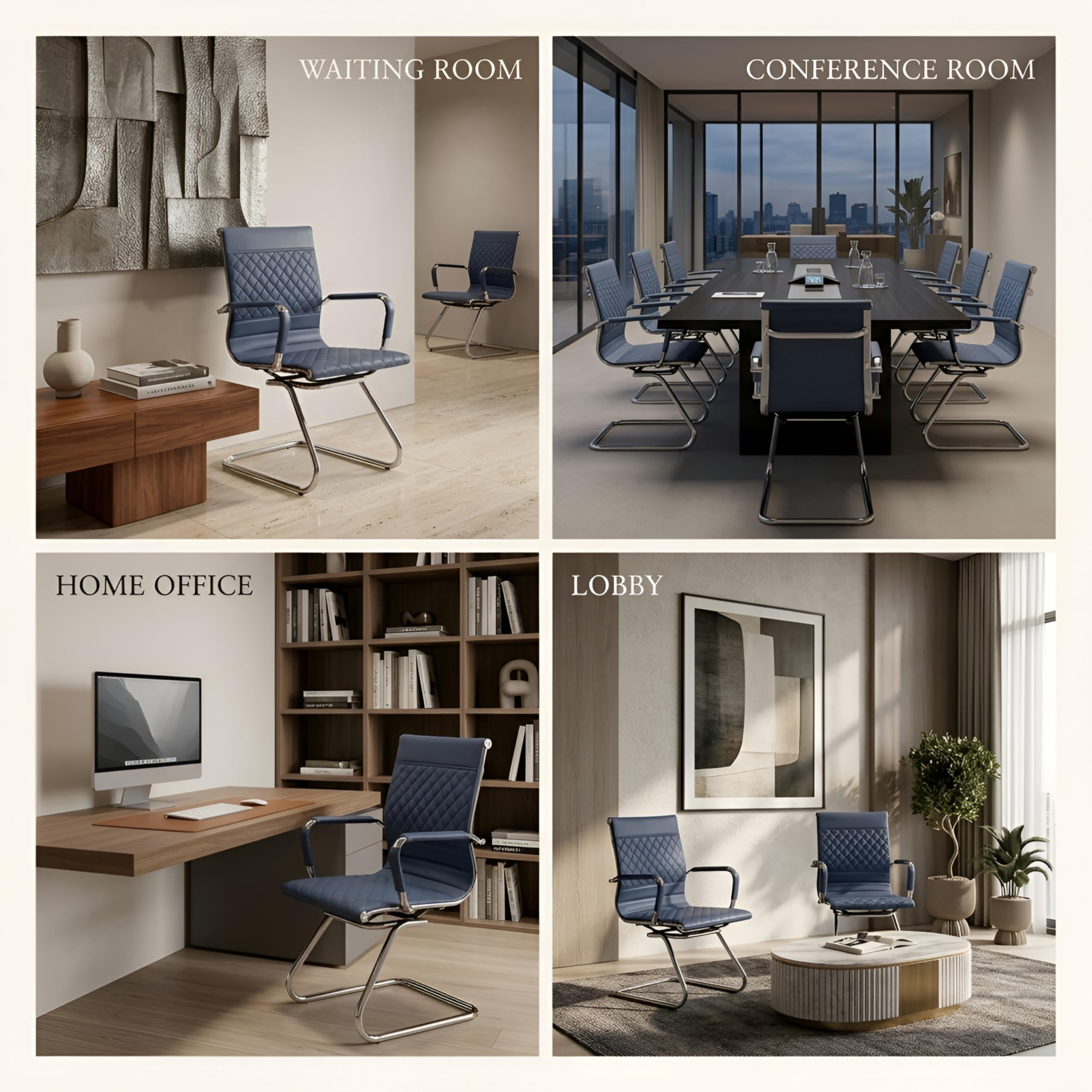 Office Desk Chair No Wheels Set of 8 - PU Leather Chairs with Arms - Conference Room Chairs 400LB Capacity Sled Base, Reception Chair for Home Office, Lobby, School Navy Blue