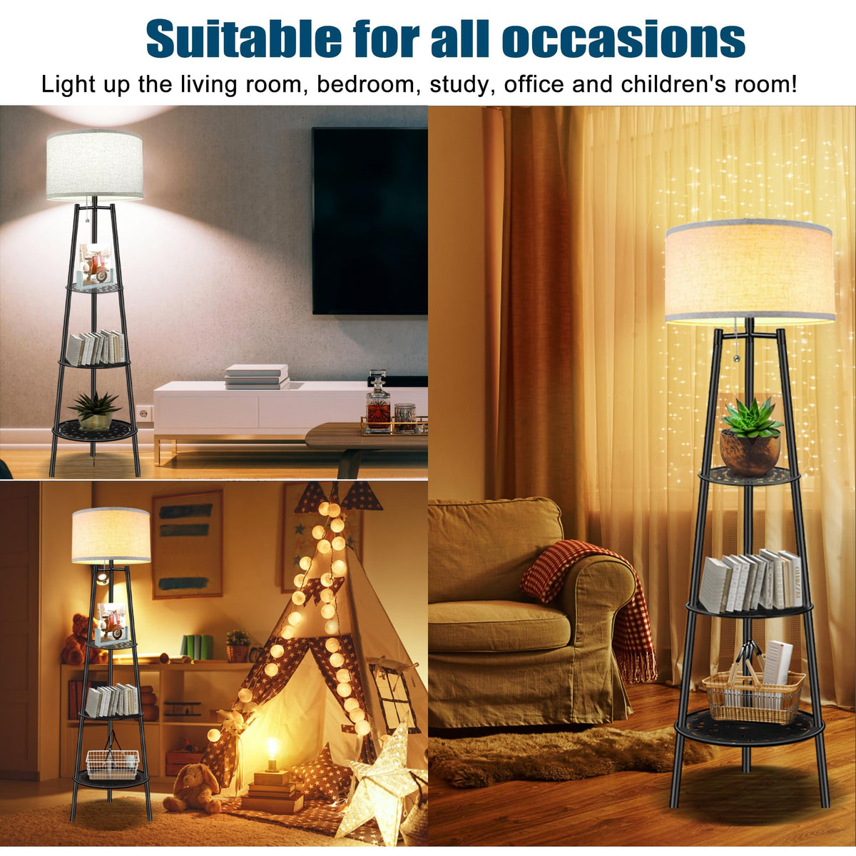 Floor Lamp with Shelves, Beige Shade Standing Lamp