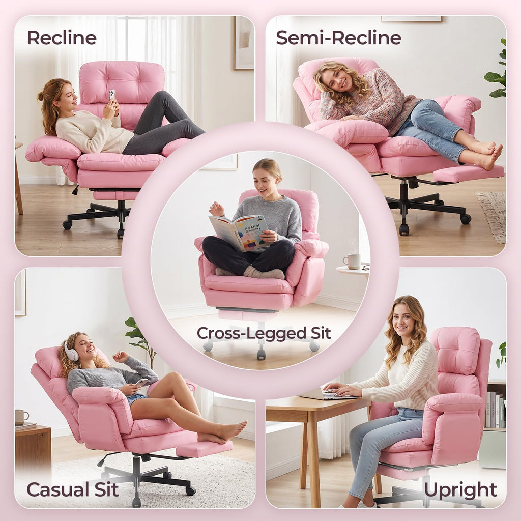 Criss Cross Office Chair with Foot Rest, Big and Tall Office Desk Chair with Flip Armrests for Pets & Cross Legged Sitting, Comfy Executive Ergonomic Reclining Computer Gaming Vanity Chair, Pink