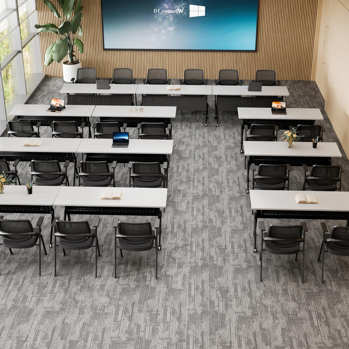 Conference Room Tables White,Folding Rectangular Flip Top Conference Table with Wheels for Large Meeting Seminar Home Office Classr (2, White&Black, 55.1in)