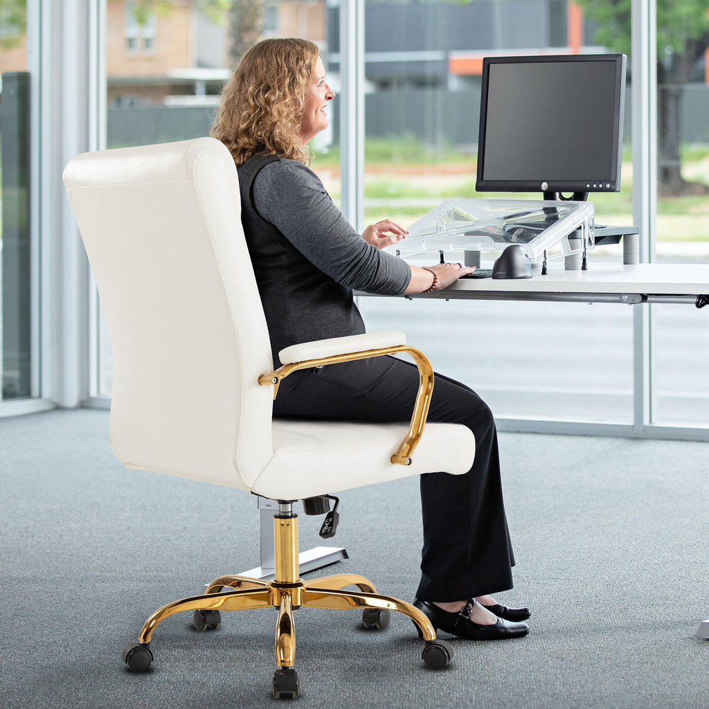 White and Gold Office Desk Chair, Modern Leather Conference Room Chairs, High Back Ergonomic Home ofiice Chair, Adjustable Height Swivel Executive Computer Chair with Padded Seat and Armrest