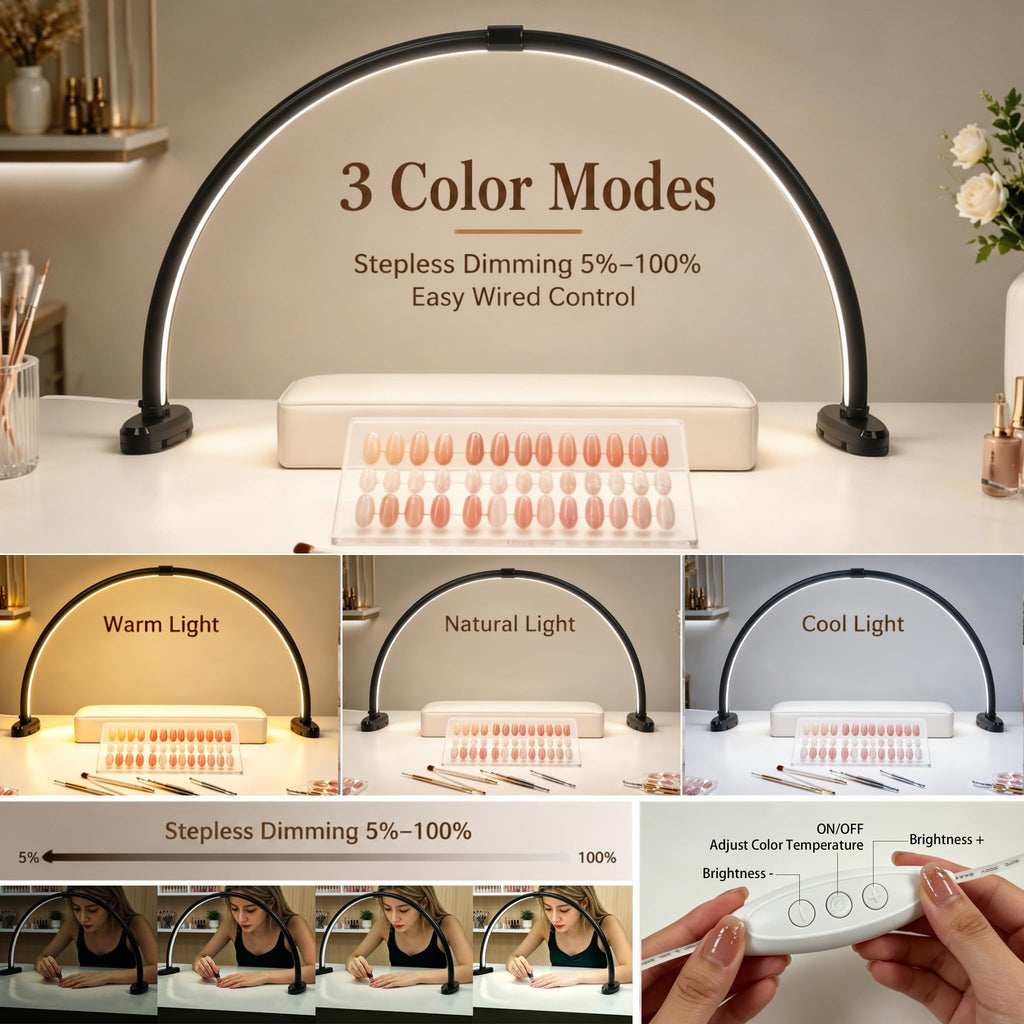 Half Moon Light for Nail Desk,23 Inch Detachable Foldable LED Nail Desk Lamp,3 Modes Color Temperature,0%-100% Stepless Dimming,180°Shadowless Lighting for Nail Art,Eyelash, Makeup,Tattoo(Black)