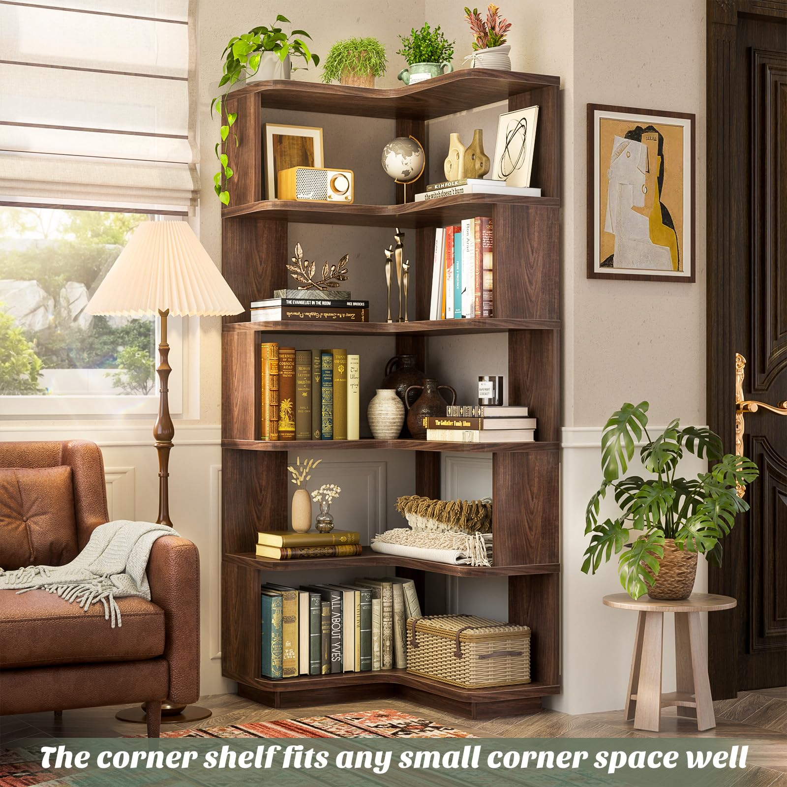 Corner Book Shelf, 6-Shelf L Shaped Corner Bookshelf with Baffle