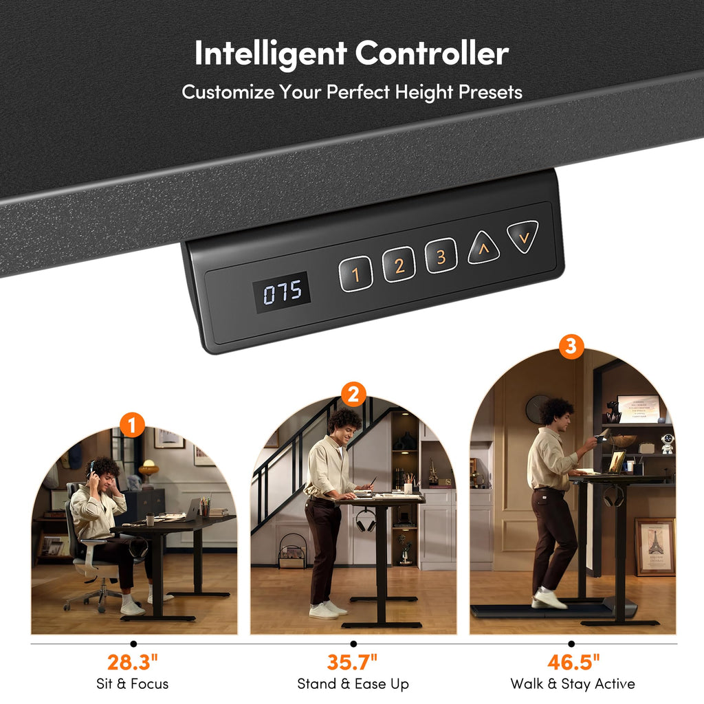 48 x 24 Inchs Electric Standing Desk, Height Adjustable, Sit Stand Up, Computer Office Desk with Splice Board, Black Frame/Black Top