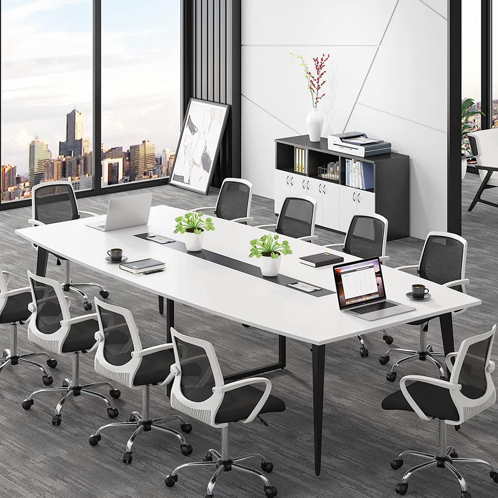 8FT Conference Table, 94.48L x 47.21W x 29.52H Inches Boat Shaped Meeting Table with Rectangle Grommet, Modern Seminar Table for Office Meeting Conference Room (White & Black, 8ft)