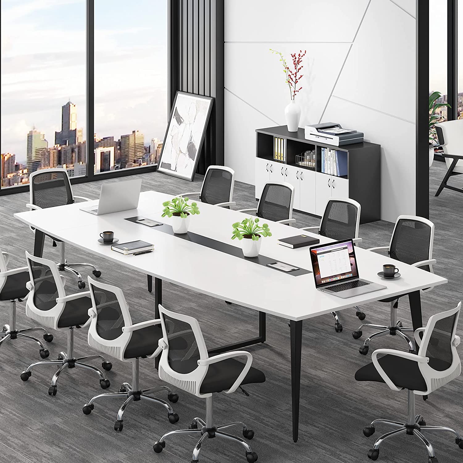 8FT Conference Table, 94.48L x 47.21W x 29.52H Inches Boat Shaped Meeting Table with Rectangle Grommet, Modern Seminar Table for Office Meeting Conference Room (White & Black, 8ft)