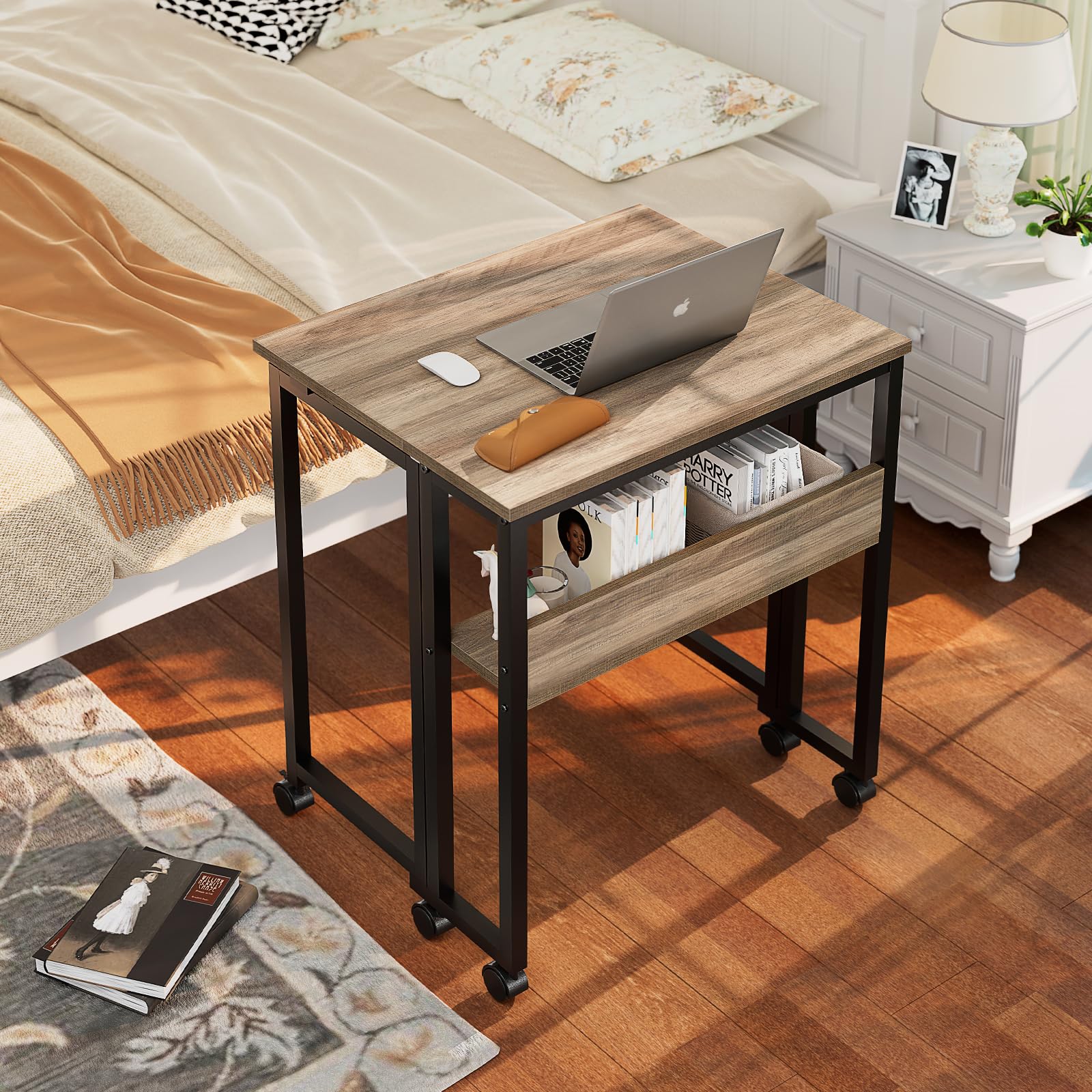 Folding Desk with Wheels, 31.5 Inch Compact Rolling Computer Table with Storage Shelf, Portable Mobile Workstation for Small Spaces, Easy Assembly, Grey Wash