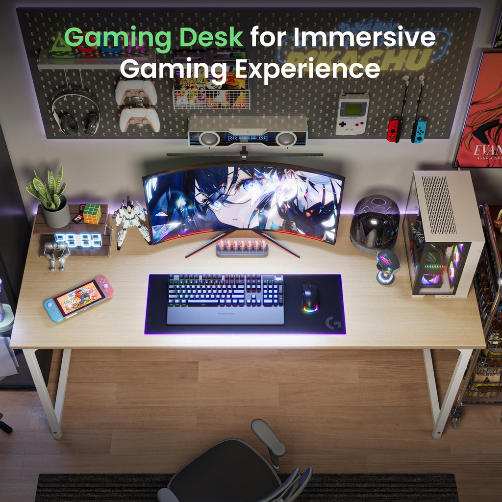 Computer Desk, 54 Inch Office Desk, Gaming Desk with Storage, Writing Desk Work Desk for Home Office, Study, Modern Simple Desk, Large Legroom, Metal Frame, Maple