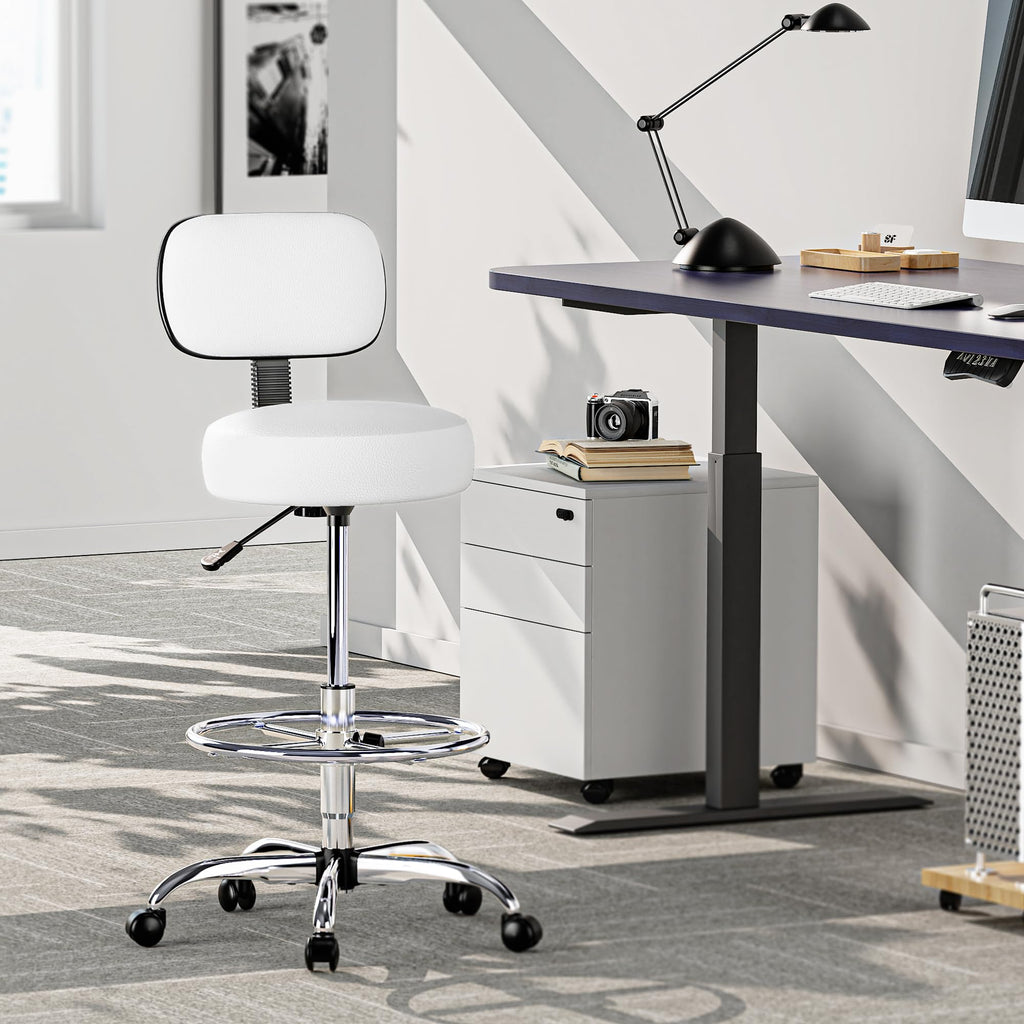 Drafting Chair with Back, Adjustable Foot Rest Rolling Stool, Multi-Purpose Office Desk Chair, Thick Seat Cushion for Home Bar Kitchen Shop - White