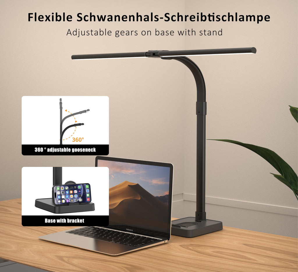 Double Head LED Desk Lamp, Architect Desk Lamps for Office, 24W Brightest Workbench Office Lighting-5 Color Modes and 5 Dimmable Eye Protection Modern Desk Lamp (Black-Desktop, Big)