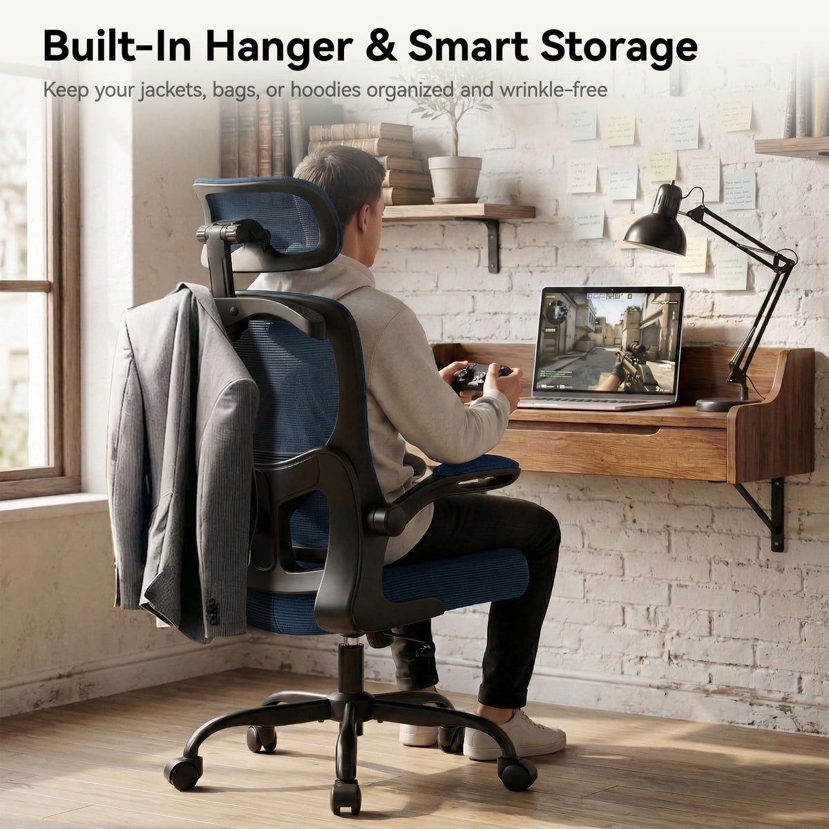 Office Chair Ergonomic Desk Chairs with Adjustable Lumbar Support& Headrest Hanger, High Back Breathable Mesh Chair with Wheels, Rolling Swivel Comfy Task Computer Chair for Home Work Gaming