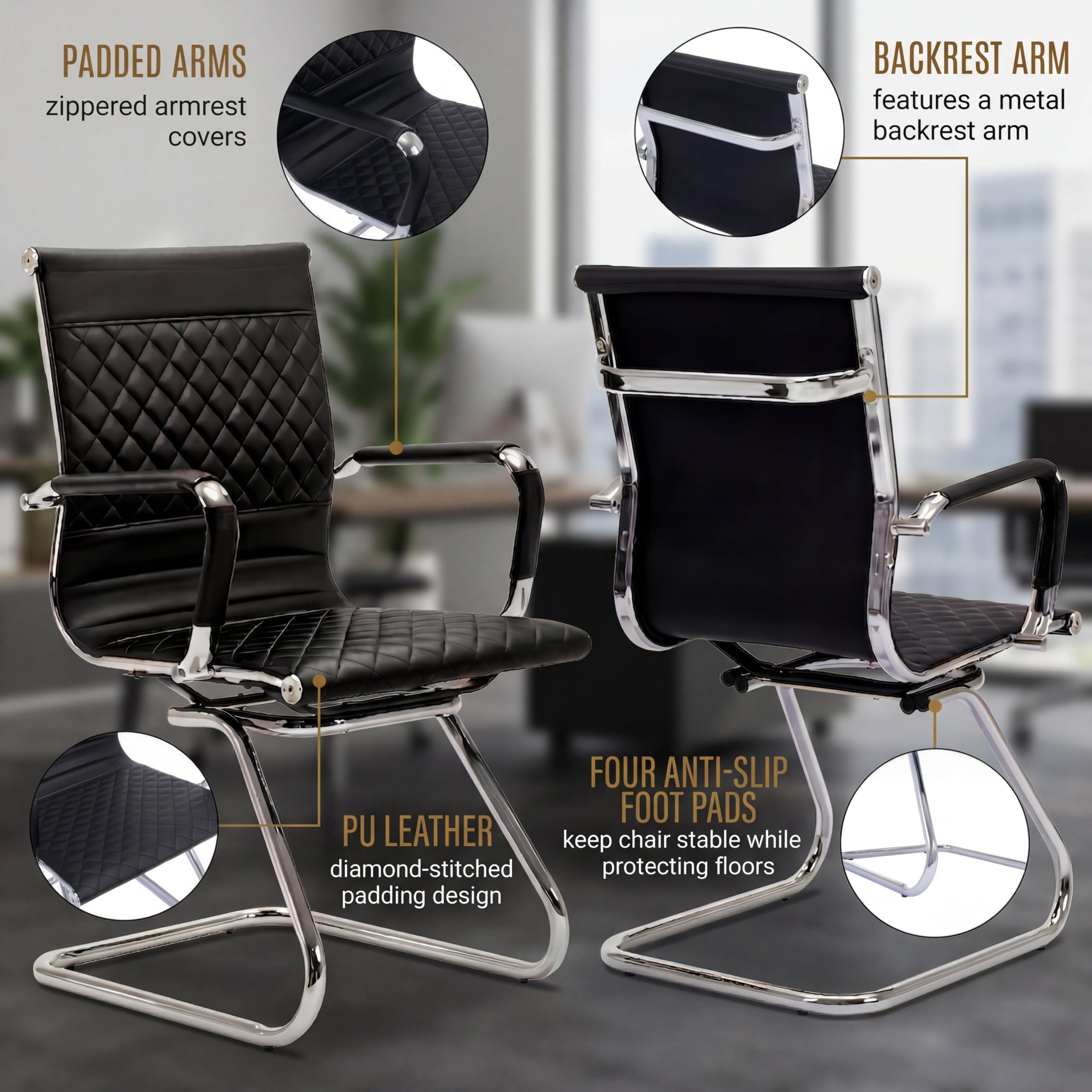 Office Chairs Set of 4 - PU Leather Desk Chair No Wheels with Arms - 400LB Capacity Sled Base Waiting Room Chairs, Modern Conference Chair for Home Office, Lobby, School Black