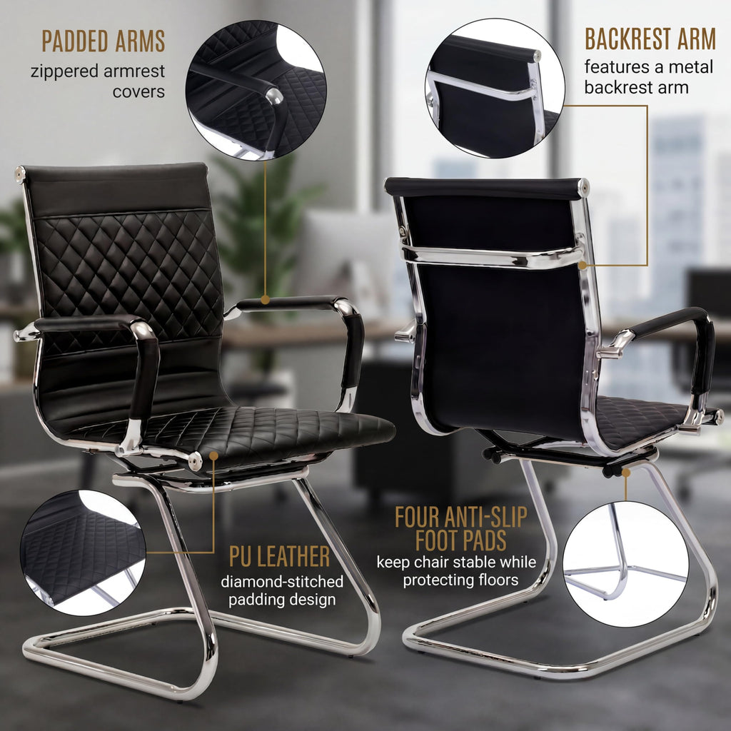 Office Chairs Set of 8 - PU Leather Desk Chair No Wheels with Arms - 400LB Capacity Sled Base Waiting Room Chairs, Modern Conference Chair for Home Office, Lobby, School Black