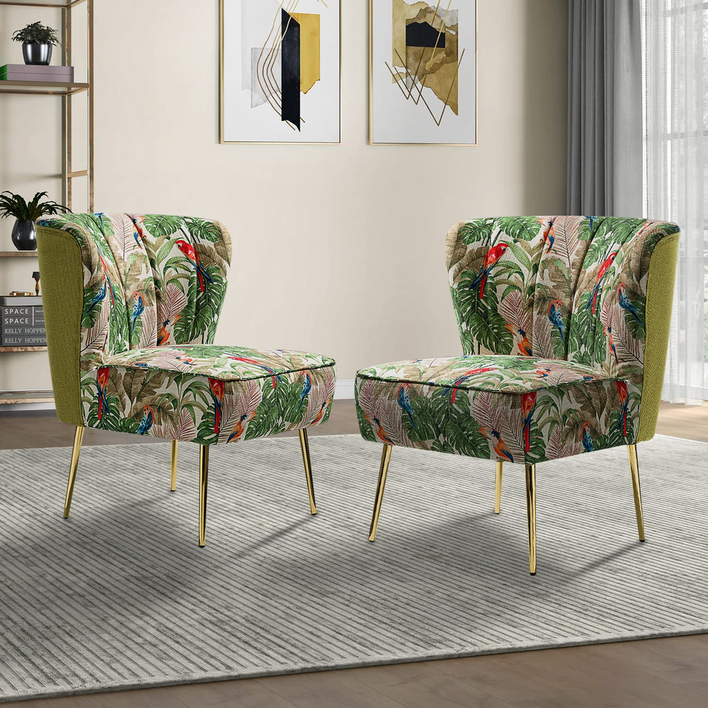 Accent Chair Set of 2 with Golden Legs, Comfy Print Living Room Chair, Wingback Small Armless Side Chair, Upholstered Tufted Slipper Chair for Bedroom, Reading Room(Tropical Parrot, Green)