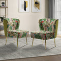 Accent Chair Set of 2 with Golden Legs, Comfy Print Living Room Chair, Wingback Small Armless Side Chair, Upholstered Tufted Slipper Chair for Bedroom, Reading Room(Tropical Parrot, Green)