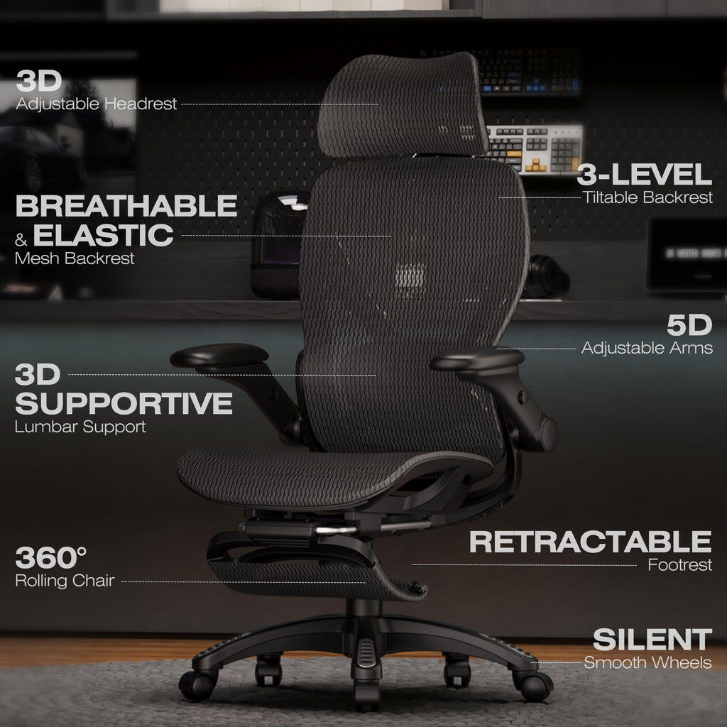 X100 Ergonomic Mesh Office Chair with Footrest, Big and Tall Home Desk Chair with 5D Flip-Up Arms, Adjustable 3D Lumbar Support, Gaming & Executive Computer Chair, Night Reaper
