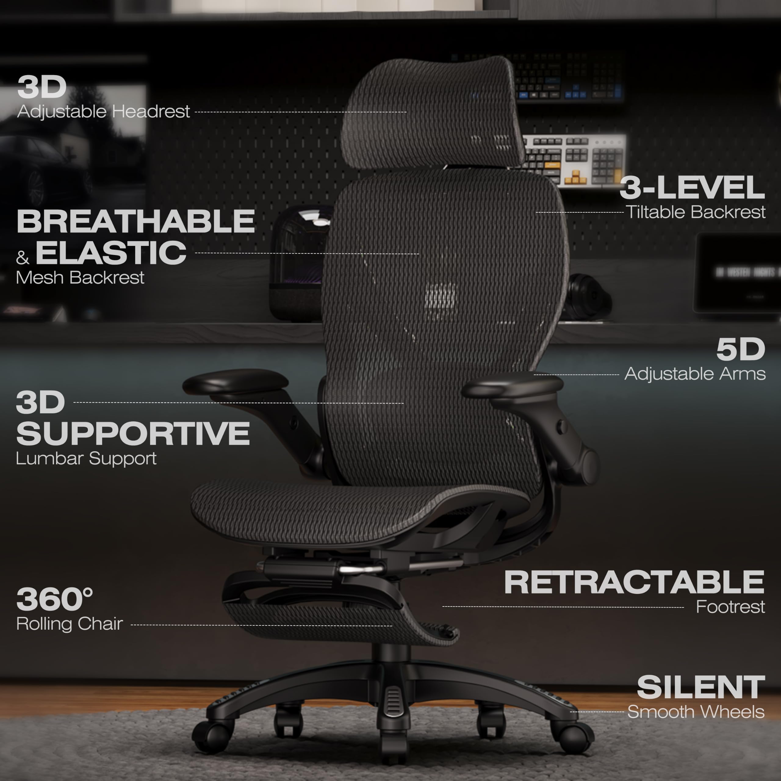 X100 Ergonomic Mesh Office Chair with Footrest, Big and Tall Home Desk Chair with 5D Flip-Up Arms, Adjustable 3D Lumbar Support, Gaming & Executive Computer Chair, Night Reaper
