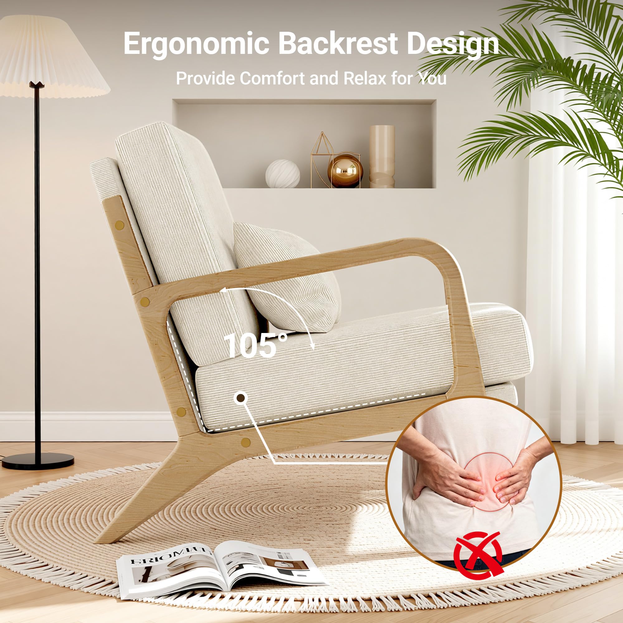 Mid-Century Modern Accent Chair, Armchair with Solid Wood Frame & Lumbar Pillow, Comfy Upholstered Lounge Chair for Office, Bedroom, Corduroy, Beige