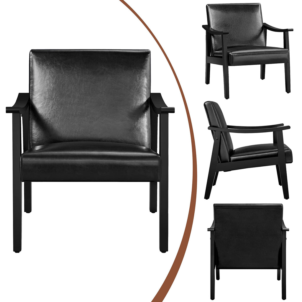 PU Leather Accent Chair, Mid-Century Modern Armchair with Solid Wood Legs, Reading Leisure Chair with High Back for Living Room Bedroom Waiting Room, Black