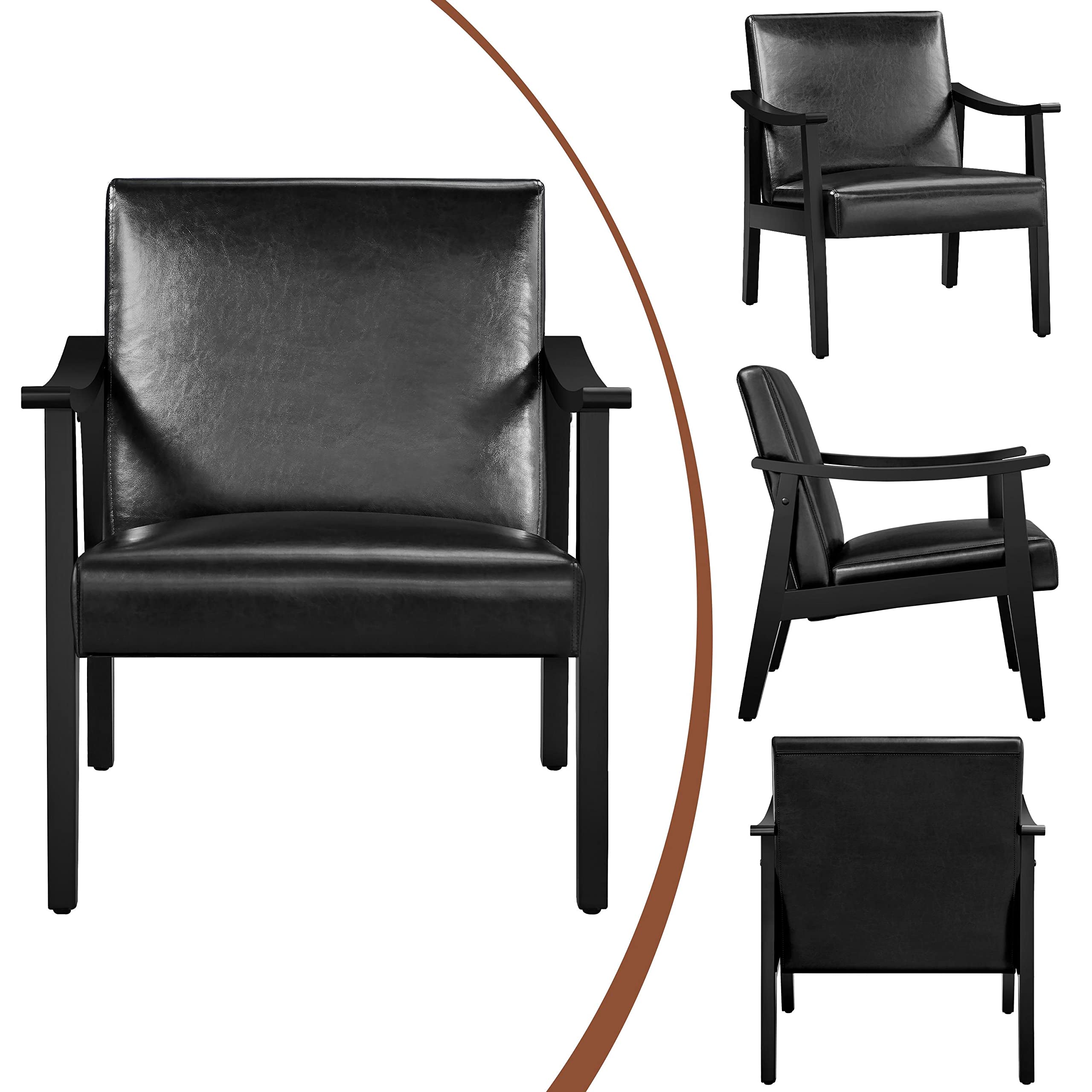PU Leather Accent Chair, Mid-Century Modern Armchair with Solid Wood Legs, Reading Leisure Chair with High Back for Living Room Bedroom Waiting Room, Black