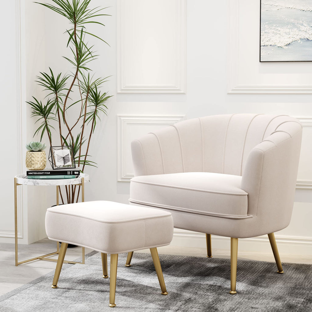 Velvet Accent Chair with Ottoman, Upholstered Modern Single Sofa Side Chair,Comfy Barrel Club Living Room Armchair with Golden Metal Legs for Office Bedroom Living Reading Room , Beige