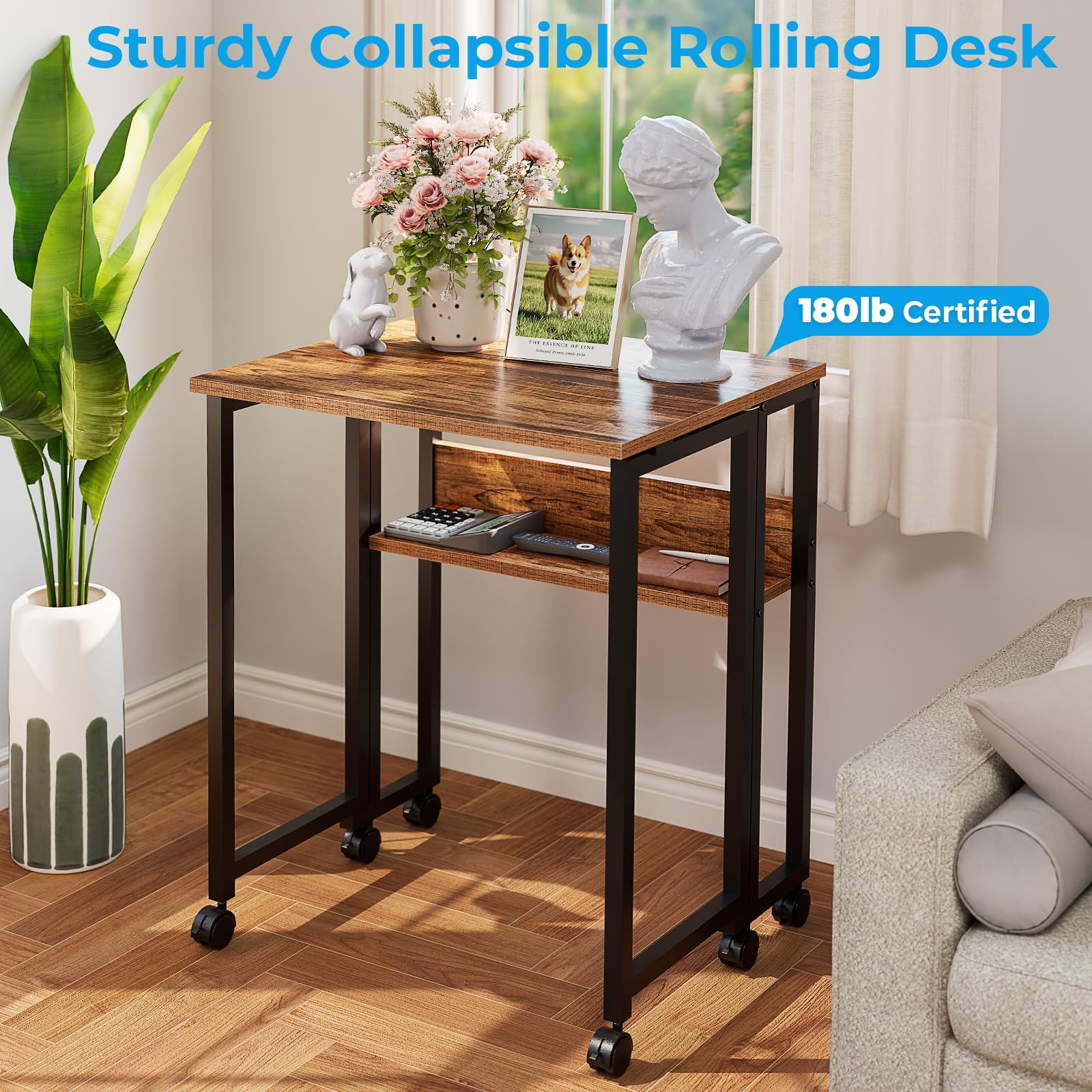Folding Desk with Wheels, 31.5 Inch Compact Rolling Computer Table with Storage Shelf, Portable Mobile Workstation for Small Spaces, Easy Assembly, Walnut