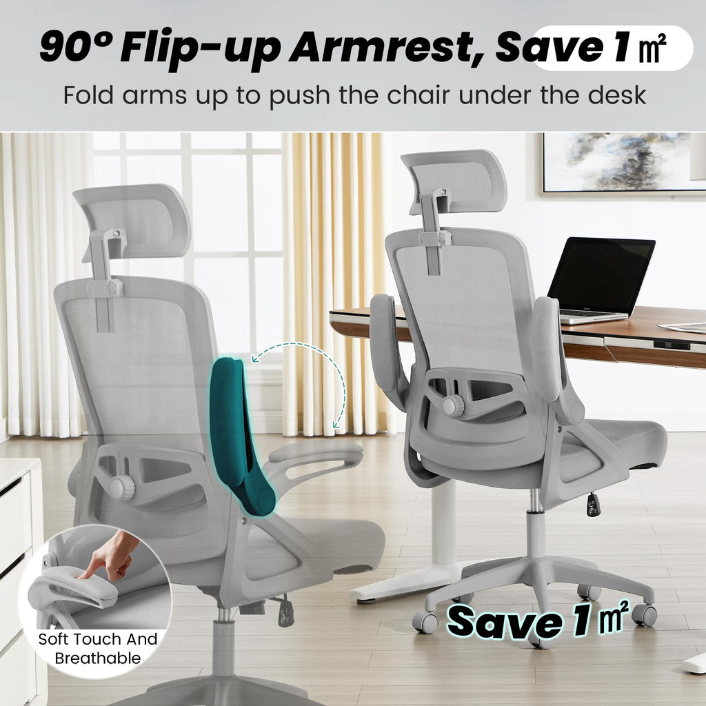 Office Chair, Ergonomic Office Chair with Adjustable Headrest Lumbar Support Computer Chair, 400 lbs Desk Chair Comfy with Flip-up Armrests - Gaming Chairs for Adults Home Office (Gray)