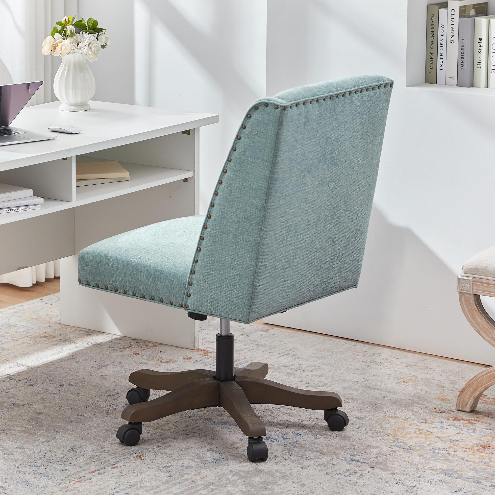 Armless Office Chair with Wooden Legs, Modern Adjustable Upholstered Home Office Desk Chair No Arms Sewing Chair Swivel Chair for Home Office Study Studio (Teal)